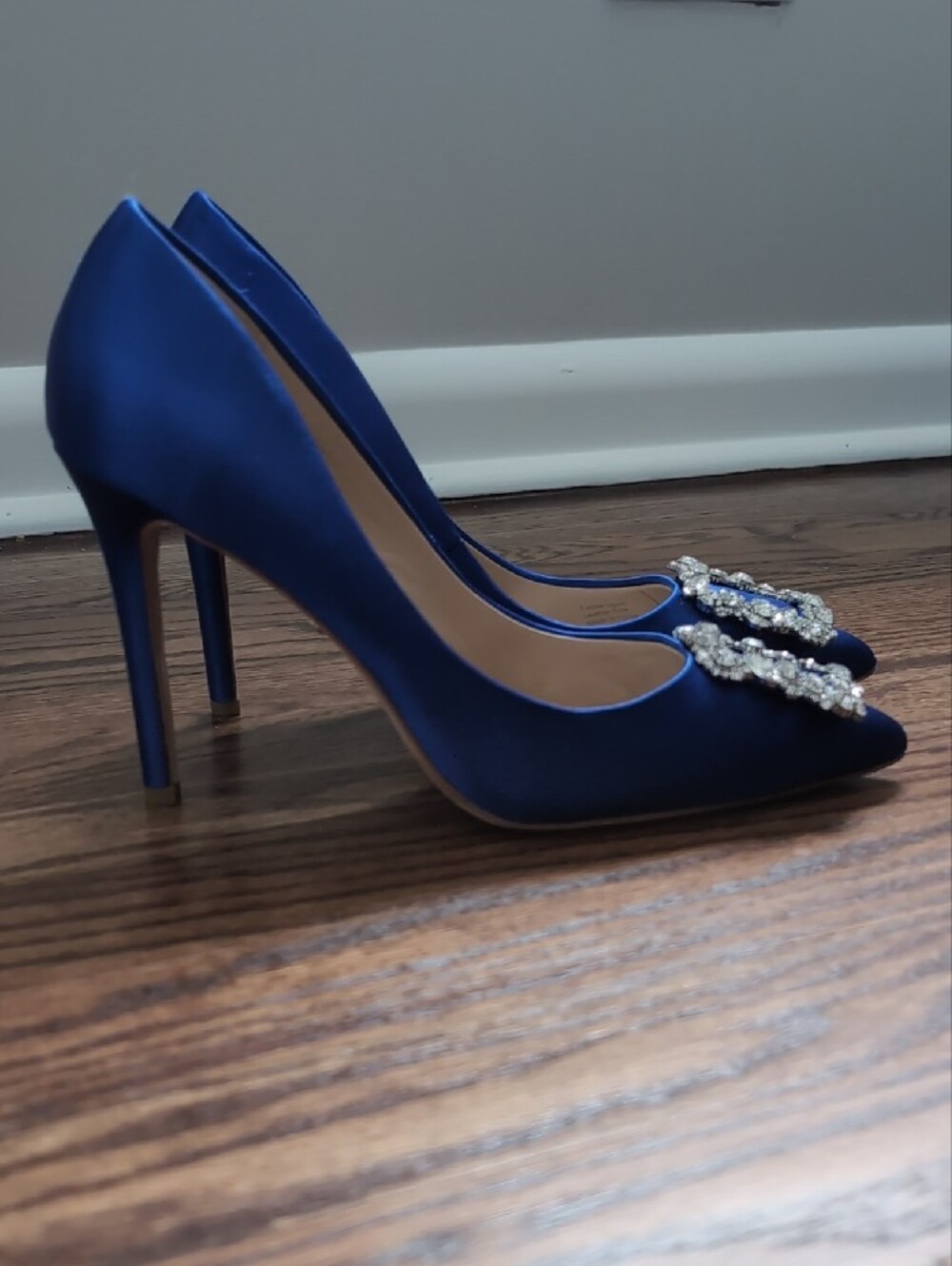 Badgley Mischka Cobalt Blue Satin Pointed-Toe Pumps with Crystal Buckles - Picture 2 of 8